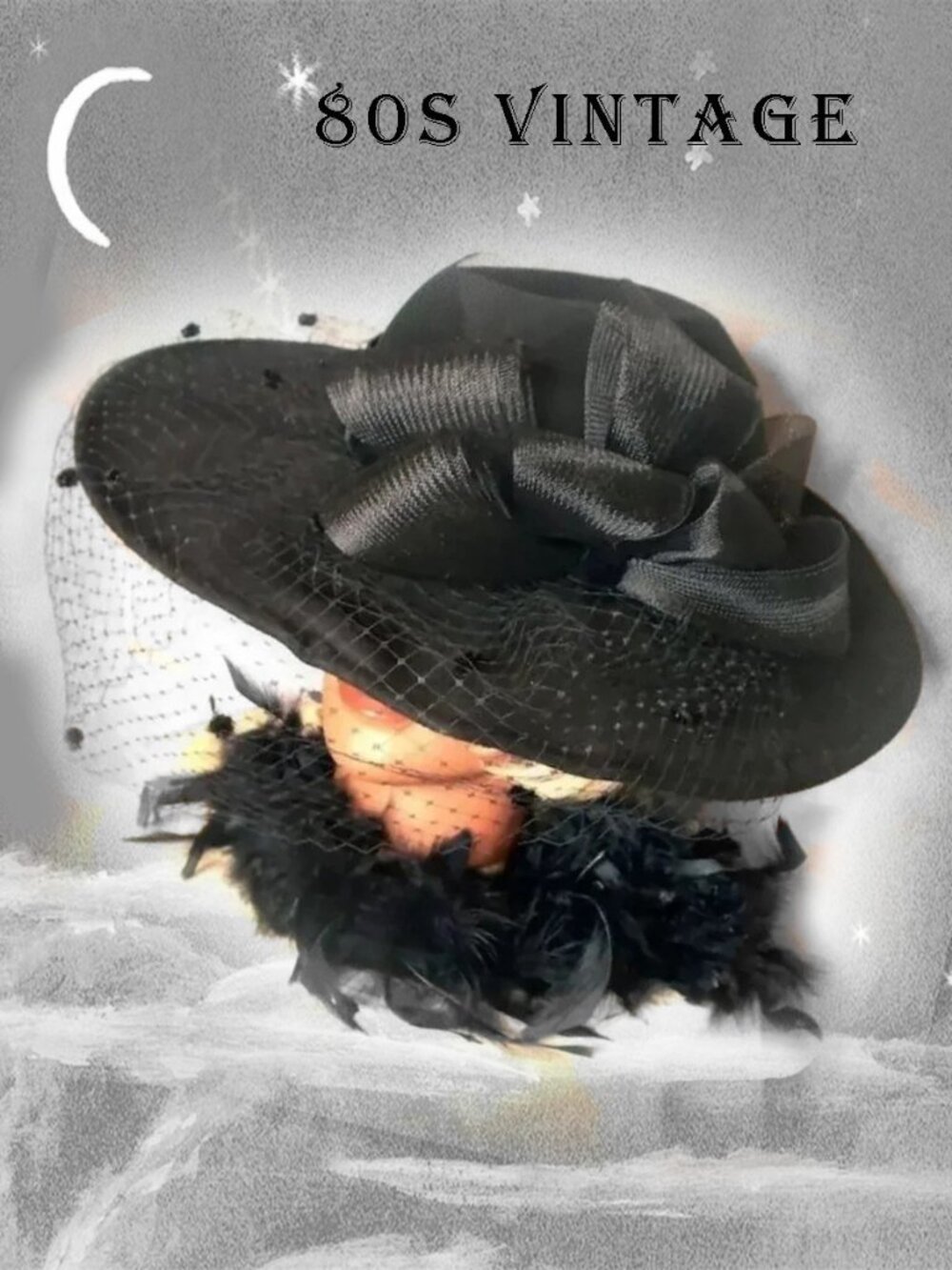 Vintage Black Hat & HATBOX, Wide Brim 80s does 40s Film Noir Femme Fatale